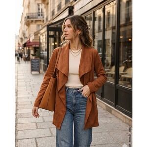 Haute Monde Faux Suede Draped Open Front Boho Chic Minimalist Jacket Brown M